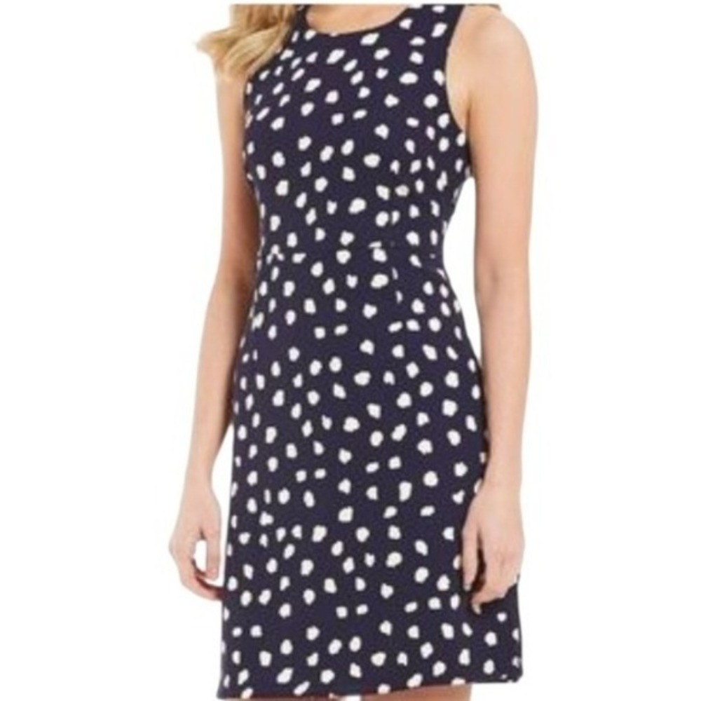 Julie Brown Navy Blue white Polka Dot Sleeveless Sheath Dress‎ Fitted Career 4